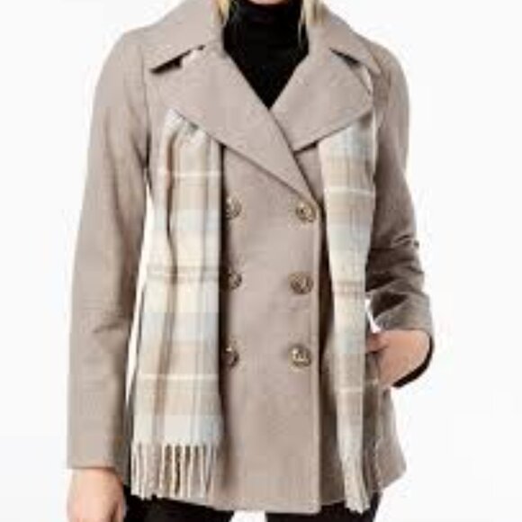 NWT - London Fog Woll Blend Double Breasted Peacoat With Scarf - Picture 2 of 5